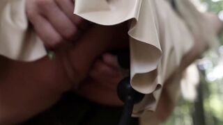 Sneaky outdoor anal play with anal beads and butt plug