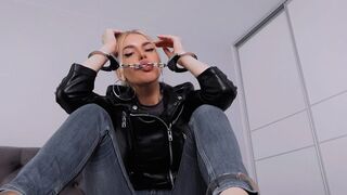 Playing with my handcuffs in leather jacket. Shackles and spit fetish ASMR