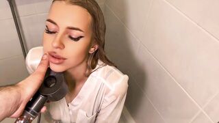 POV office girl asks for a raise and does blowjob in the shower