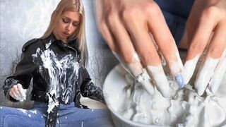 Wet and messy ice cream challenge in leather jacket and levis jeans